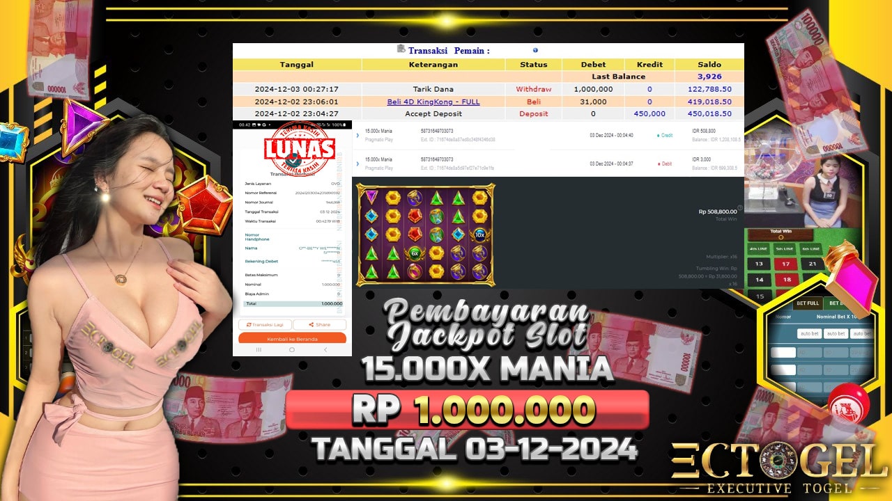 BUKTI JACKPOT SLOT 15.000X MANIA TERPERCAYA DI INDONESIA TGL 03-12-2024