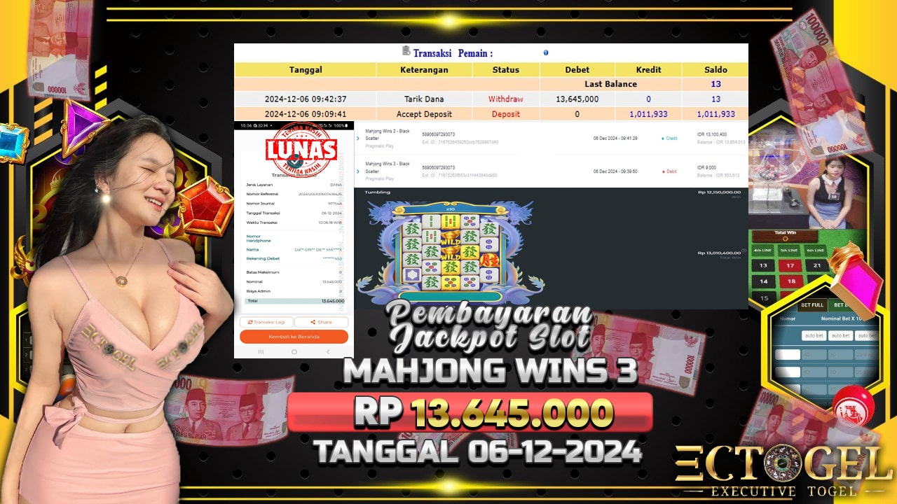 BUKTI JACKPOT SLOT MAHJONG WINS 3 TERPERCAYA DI INDONESIA TGL 06-12-2024