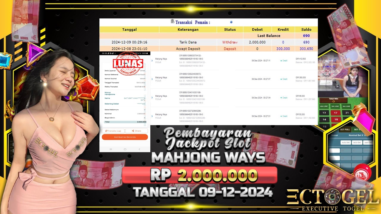 BUKTI JACKPOT SLOT MAHJONG WAYS TERPERCAYA DI INDONESIA TGL 09-12-2024